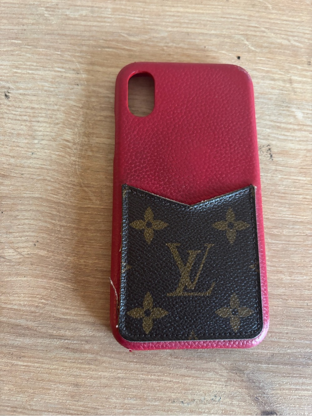Louis Vuitton Red Leather Phone Case with Brown Monogram Card Pocket